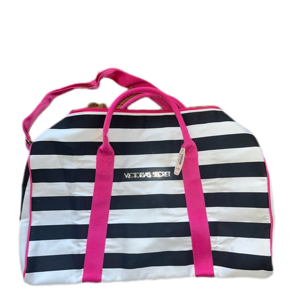 Y2K 2000 Victoria's Secret Striped Travel Bag with Pink Handles NWT